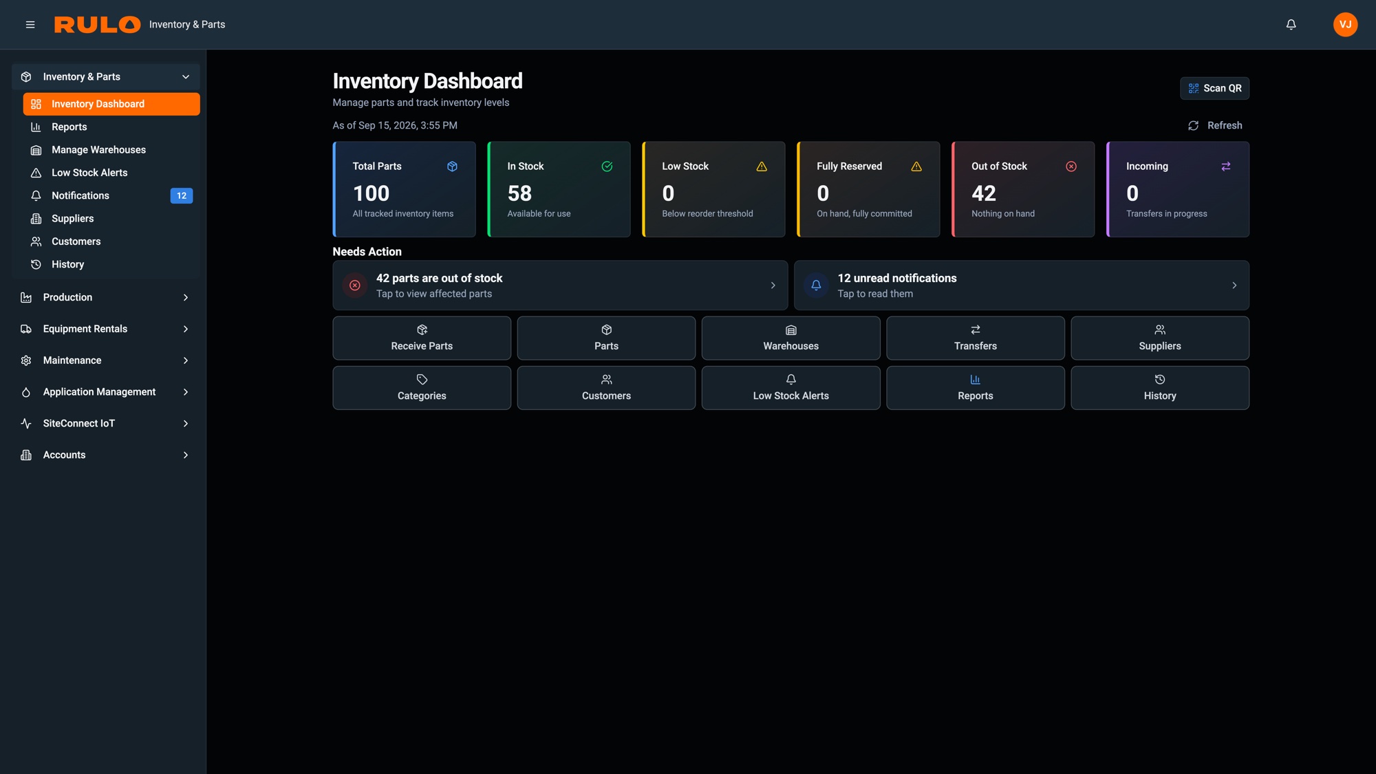 Rulo Inventory & Parts dashboard showing tracked parts, stock levels, reorder thresholds, low-stock alerts, warehouses, suppliers, and transfers